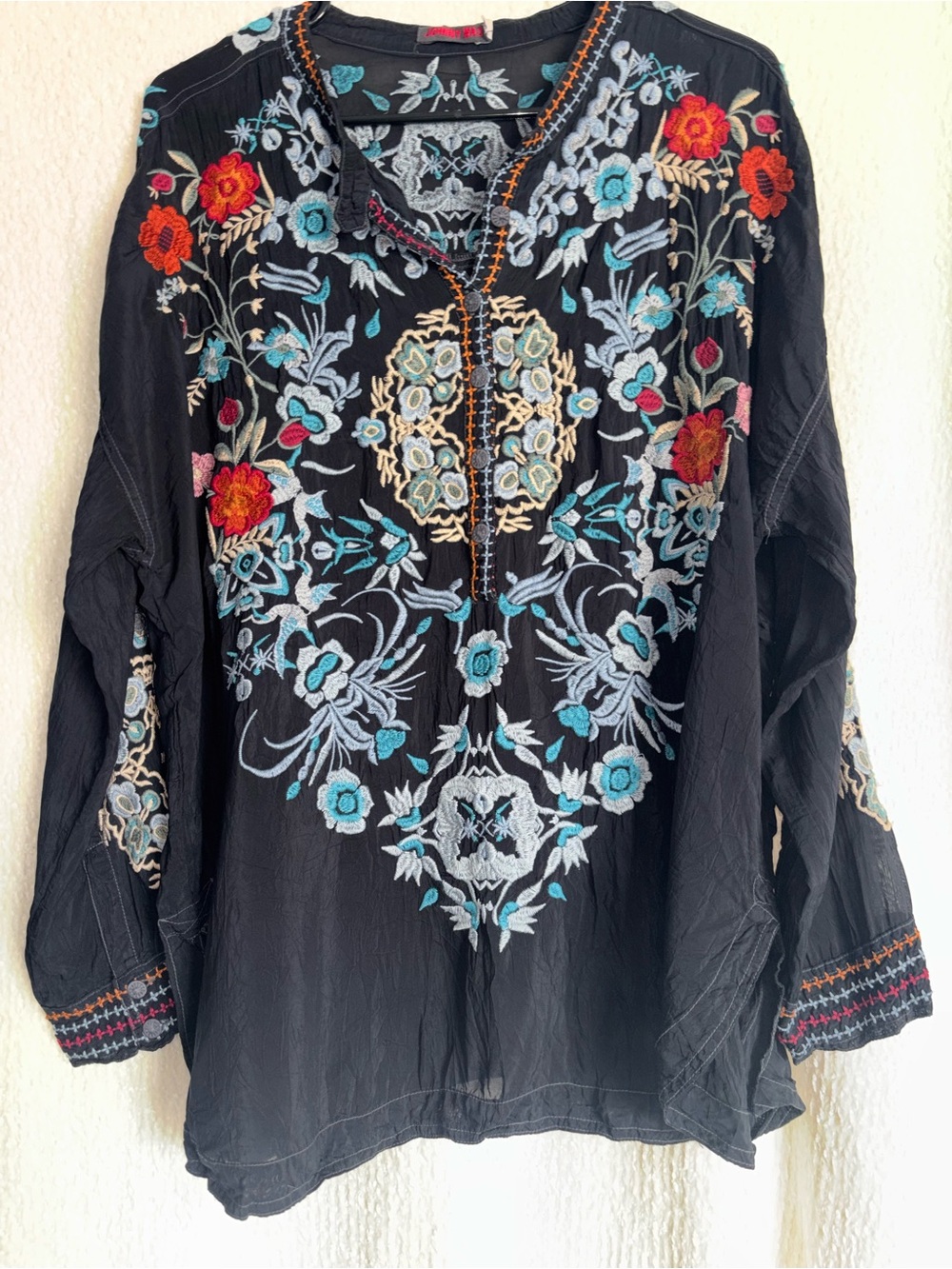 Johnny Was Black Embroidered Floral Button-Down Shirt